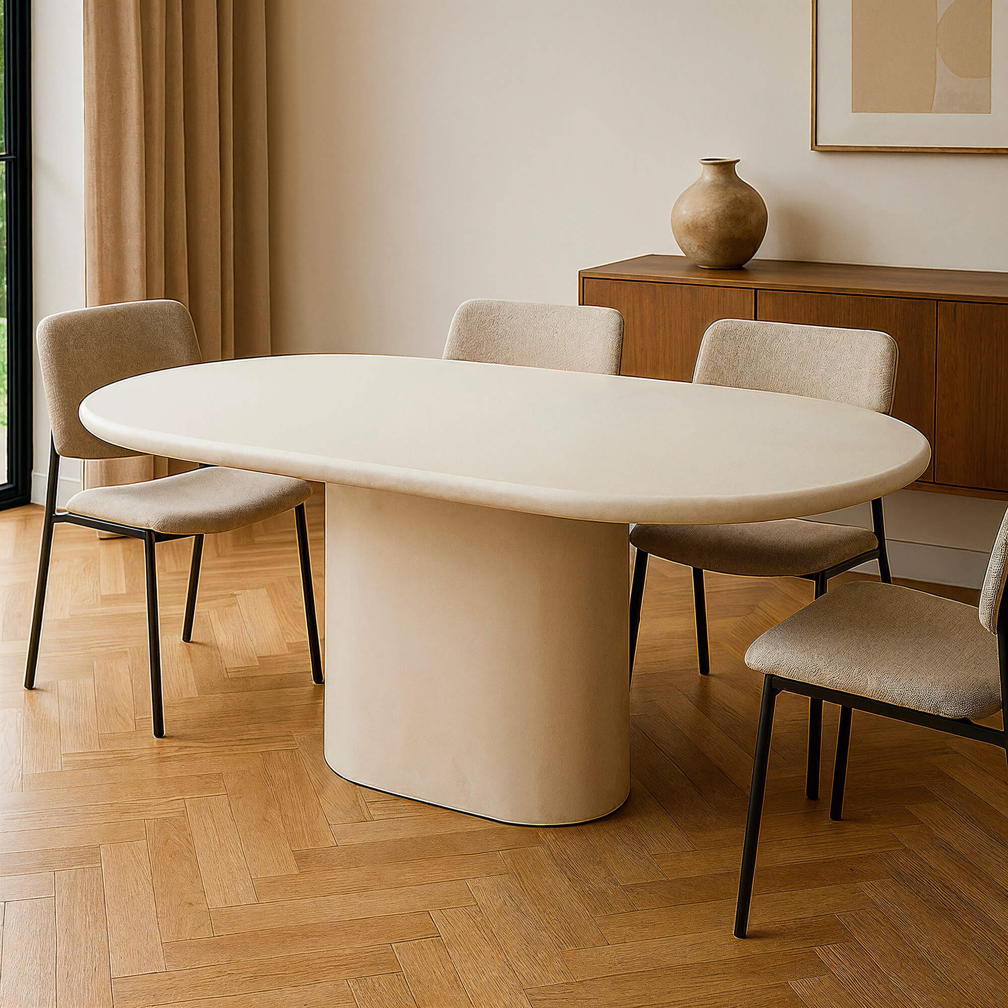 Une table ovale modèle Ovella en béton ciré mortex avec un pied central ovale le tout de couleur naturel blanc cassé BM01