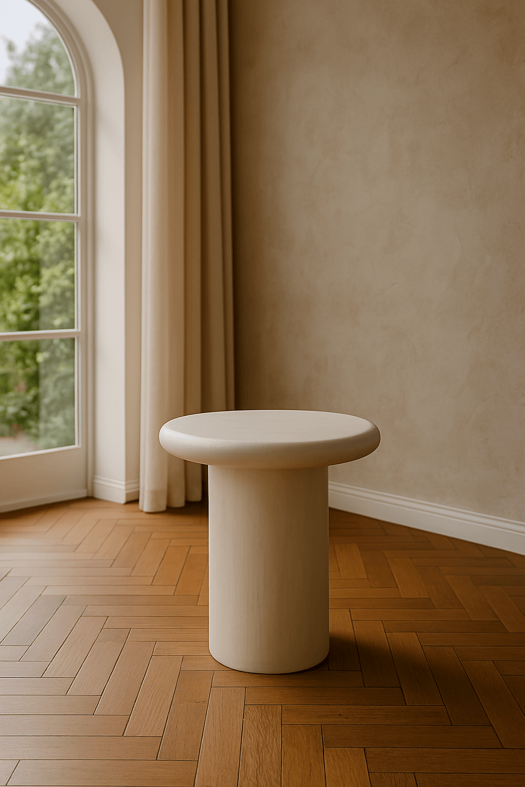 Table d’appoint design en béton ciré beige, finition mate
