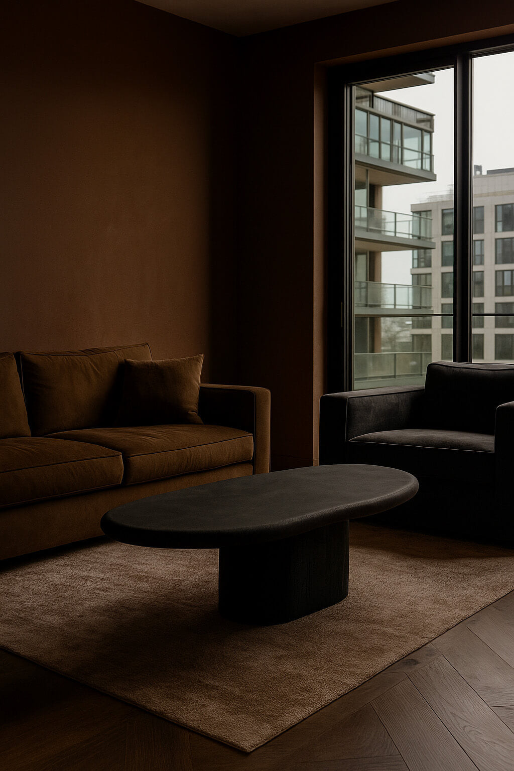 Table basse organique en béton ciré noir dans un salon moderne, lumière naturelle, canapé en velours brun et fauteuil contemporain – mobilier design et minimaliste.